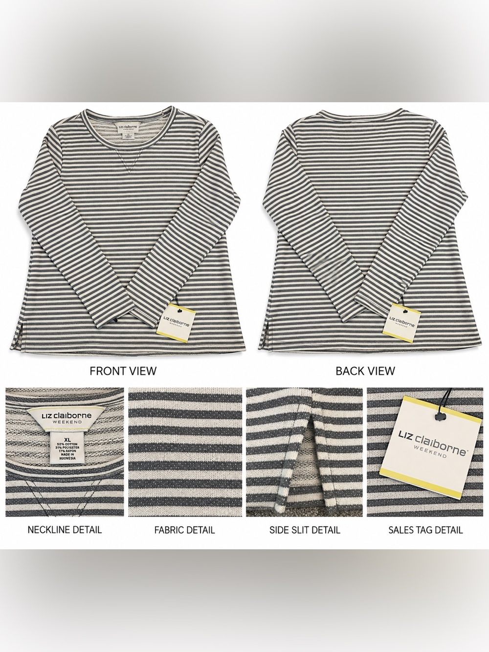 NWT Liz Claiborne Gray & White Striped Long-Sleeve Tee